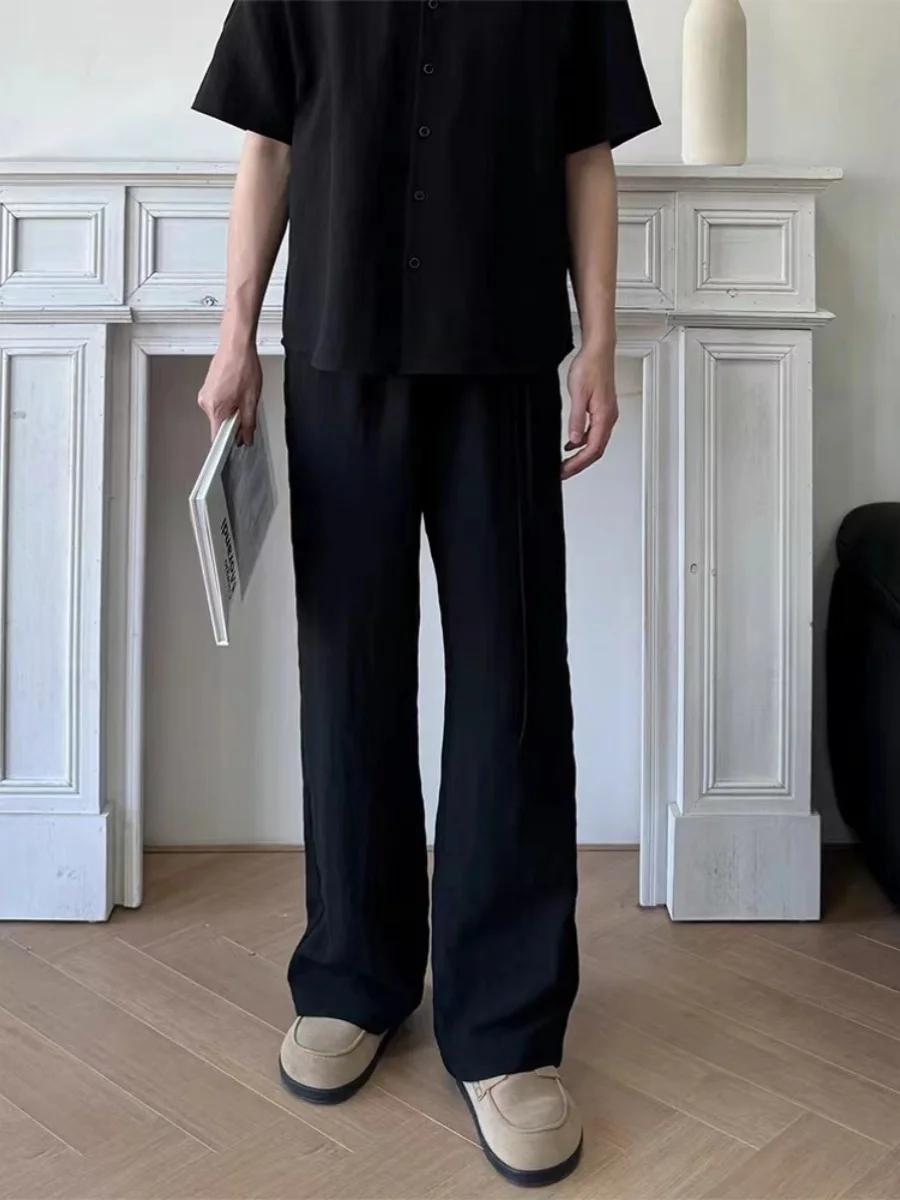 بنطلون صيفي شبابي خفيف الوزن بتصميم ريترو أمريكي من الكتان المغسول ذو ملمس مجعد على شكل حرف A ورباط كاجوال فضفاض للتنقل