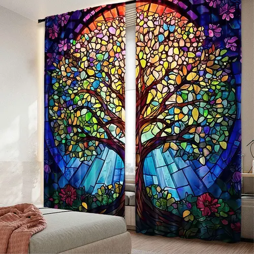 스테인드 글라스 나무 조각 패턴 디자인 스타일 커튼, 개인 정보 보호 커튼, 거실 침실 홈 장식, 2 개 