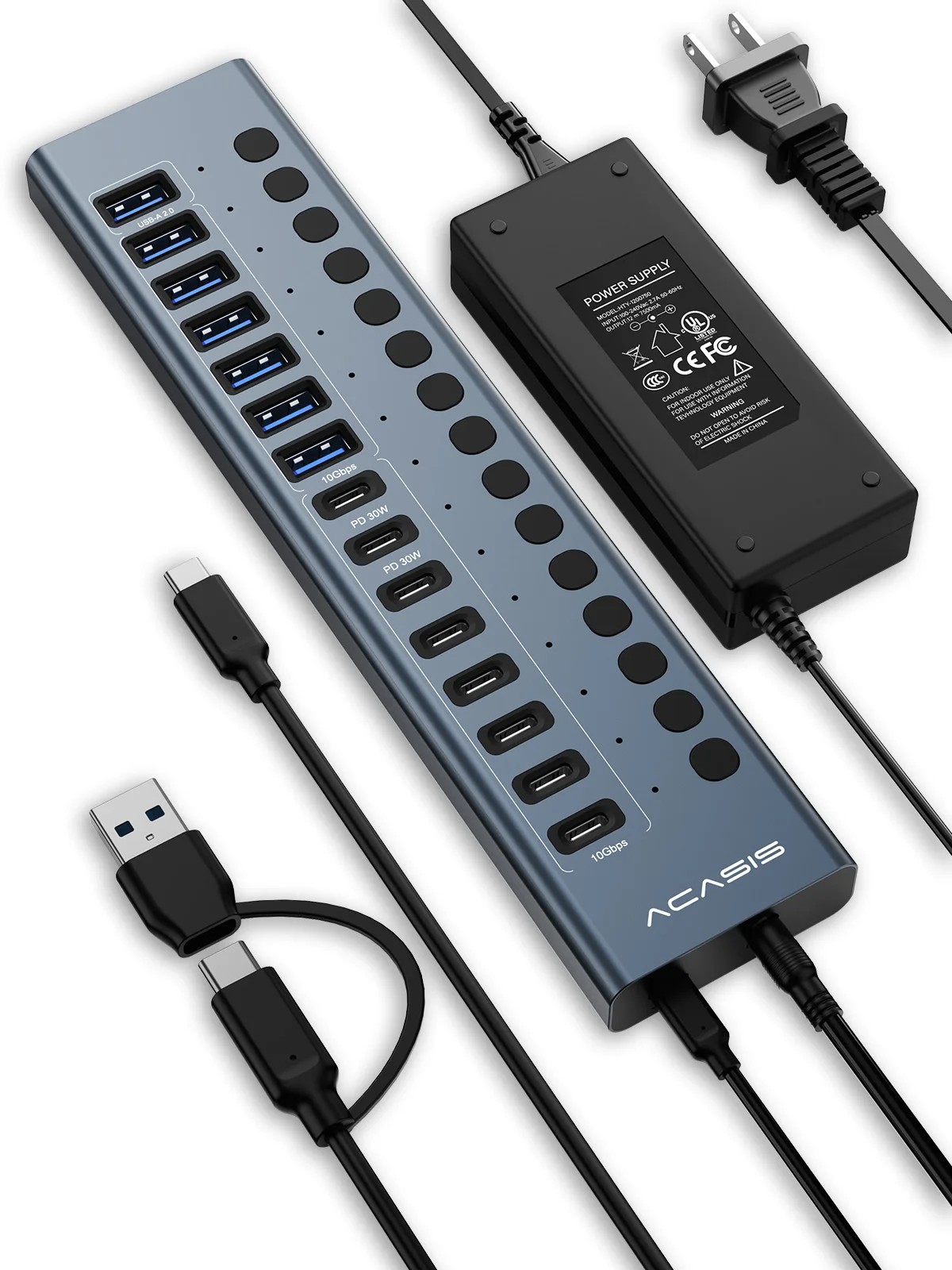 Good Quality 16-Port USB 3.1 Hub with Power Adapter Aluminum Alloy Universal Plug in Stock