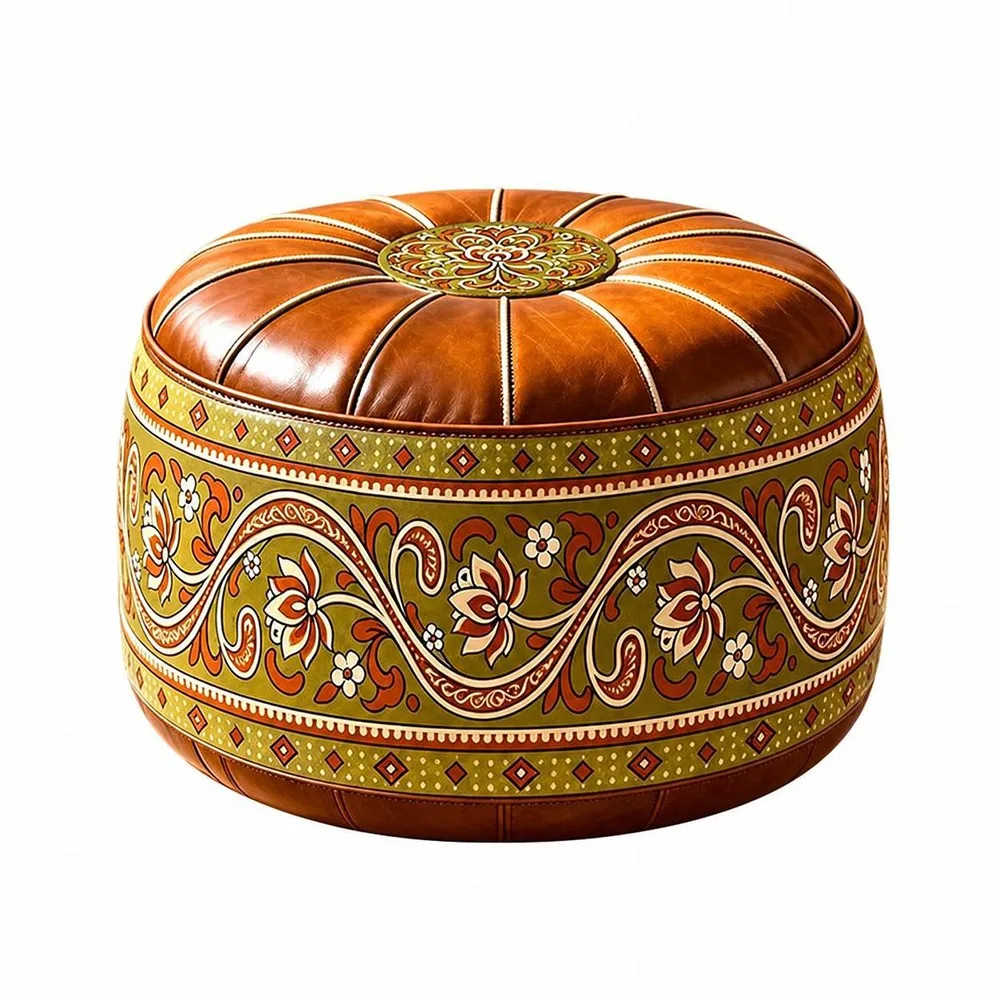 New PU Leather Fillable Ottoman Pouf Round Shape Moroccan Style Round Pouf Cover Embroidered Pattern Floor Seat Cushion Home Use