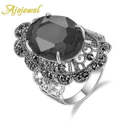 Ajojewel Shining Big Oval Red/Black Crystal Rings For Women Black CZ Flower Beautiful Vintage Jewelry