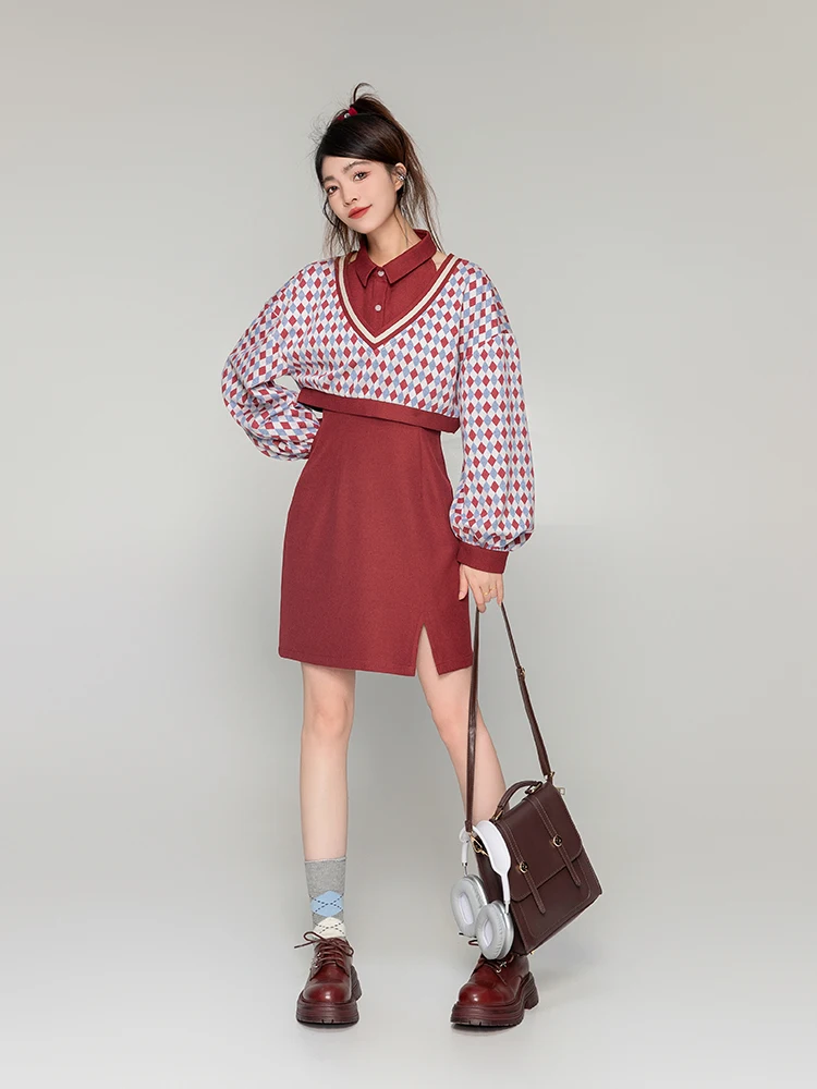 2024 Spring Summer Fashionable Single Row Button Dress Two-Piece Sets Women Color Plaid Short Top Sleeveless Lapel Halter Dress