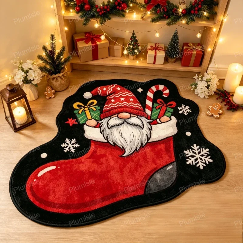 Xmas Season Entryway Carpet Irregular Outline Three Pug Dogs Santa Hat Snowflake Print Absorbent Anti Slip Small Floor Rug