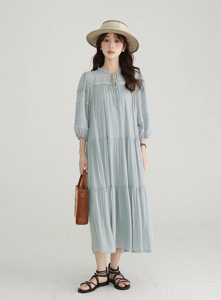 เดรสยาวลูกไม้สไตล์วินเทจพลิ้วไหว ดีไซน์หรูหราสำหรับผู้หญิง เอวสูง แขน 3/4 สไตล์ค็อทเทจคอร์ โบโฮ ชุดลำลองสำหรับฤดูร้อน