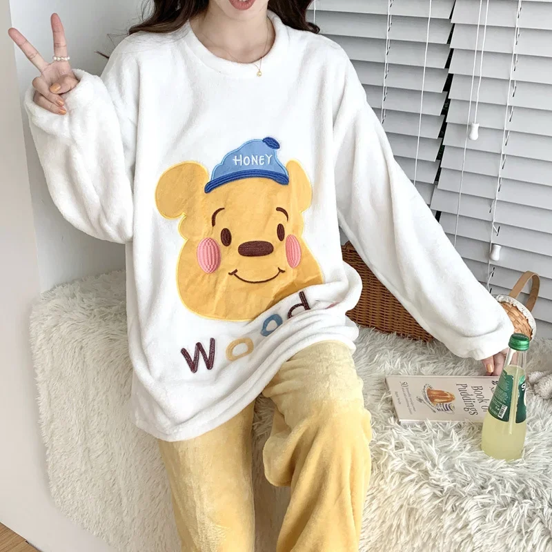 Disney Winnie the Pooh winter new cartoon flannel pajamas women's thickened round neck pullover coral fleece loungewear set