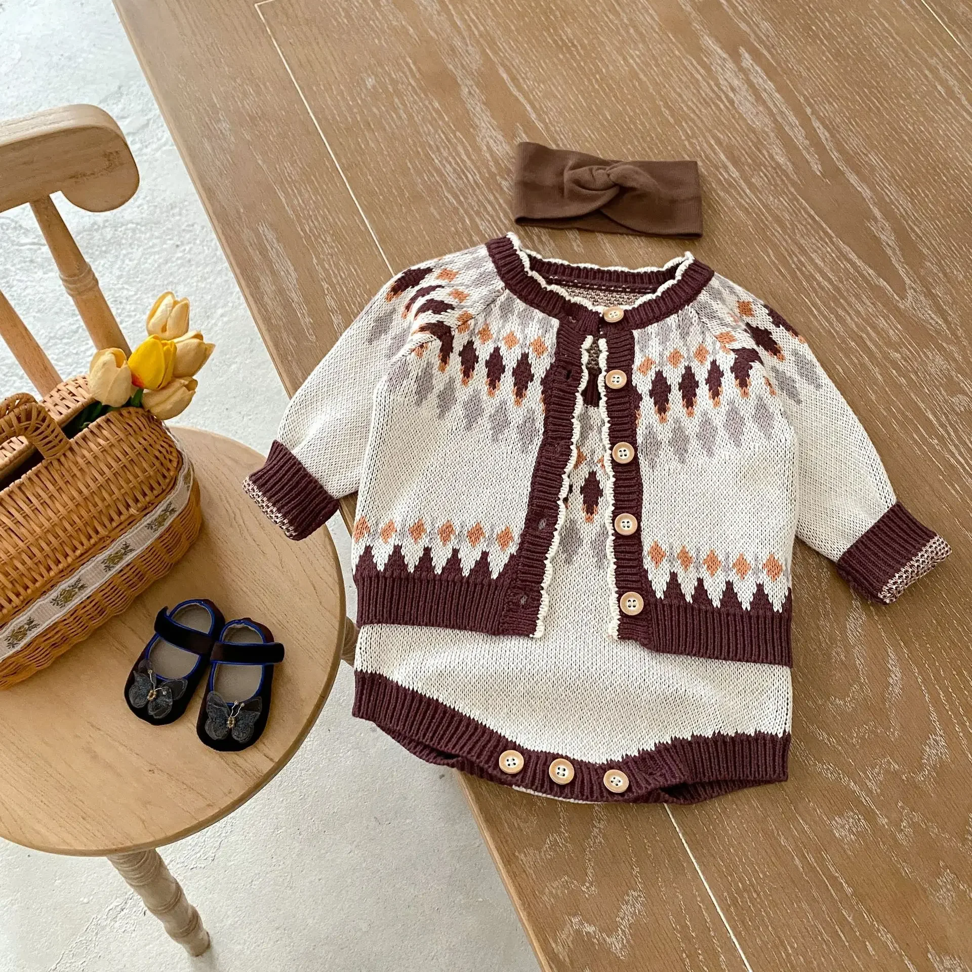 

Baby Clothes Set New Kids Sweater 2024 Autumn and Winter Jacquard Long Sleeve Loose Sweater Romper Casual Two Piece Set