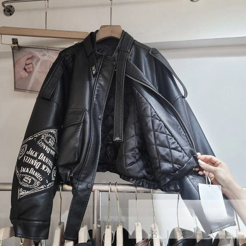Black PU Leather Jacket Women's Autumn and Winter New Cotton Super Fire Cool Sa High-end Locomotive Jacket European Popular Coat