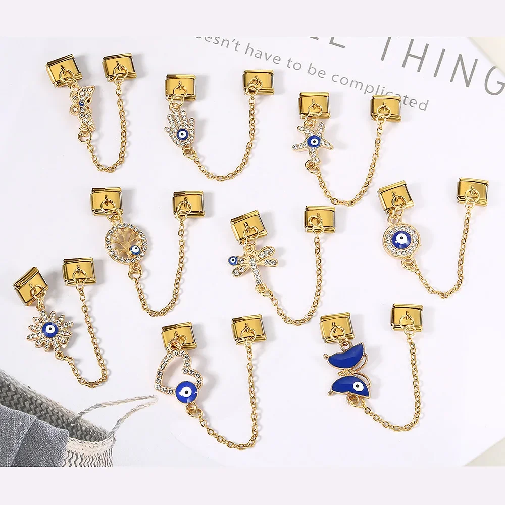 For Women Fashion Gift Evil Eyes Butterfly Pendant With Hanging Chain Italian Charms Links 9mm Bracelet Stainless Steel Jewelry