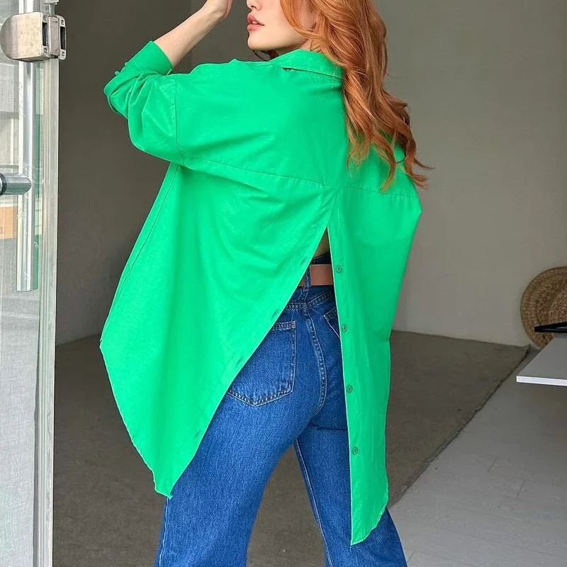 

Fashion Shirt Women Solid Color Personality Street Spring Autumn Lapel Long Sleeve Single Breasted Loose Open Blouses Women Top