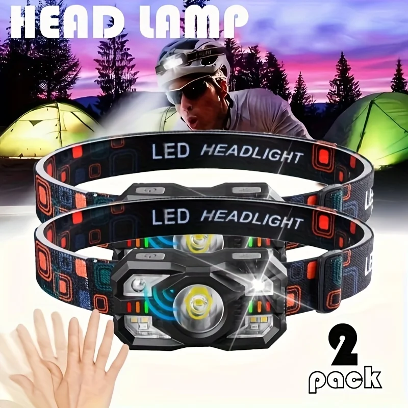 2 PCS Super Bright LED Headlights with Motion Sensing 5 Lighting Modes Rechargeable Adjustable Headlamps for Running Camping