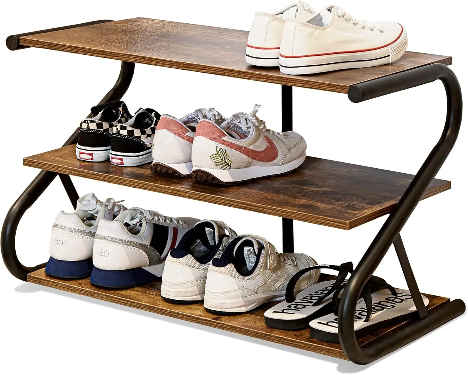 

3-Tier Shoe Rack, Z-Frame Wooden Shoe Shelf with Durable Metal Shelves for Hallway, Living Room, Closet, Bedroom