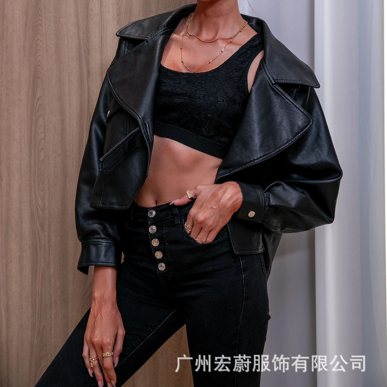 Women\'s coat Fashion 2024 PU Jacket New Fashion Lapel Black Cropped Leather Jacket Loose Long Sleeve Leather Jacket Casual