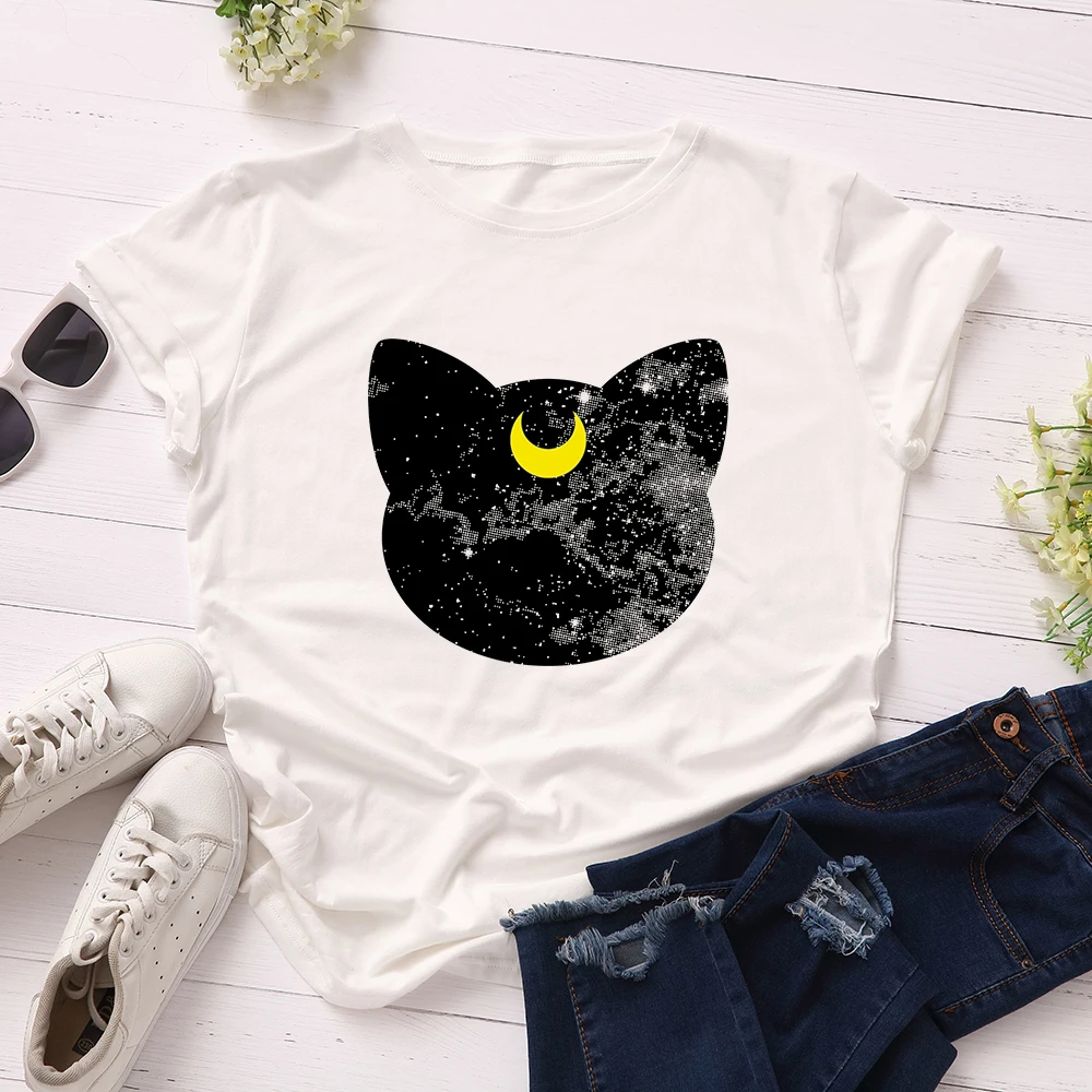 Losvallend groot formaat ort Sve T-shirt voor dames Galaxy puur katoen Street Sle ronde Ne Print Top voor studenten