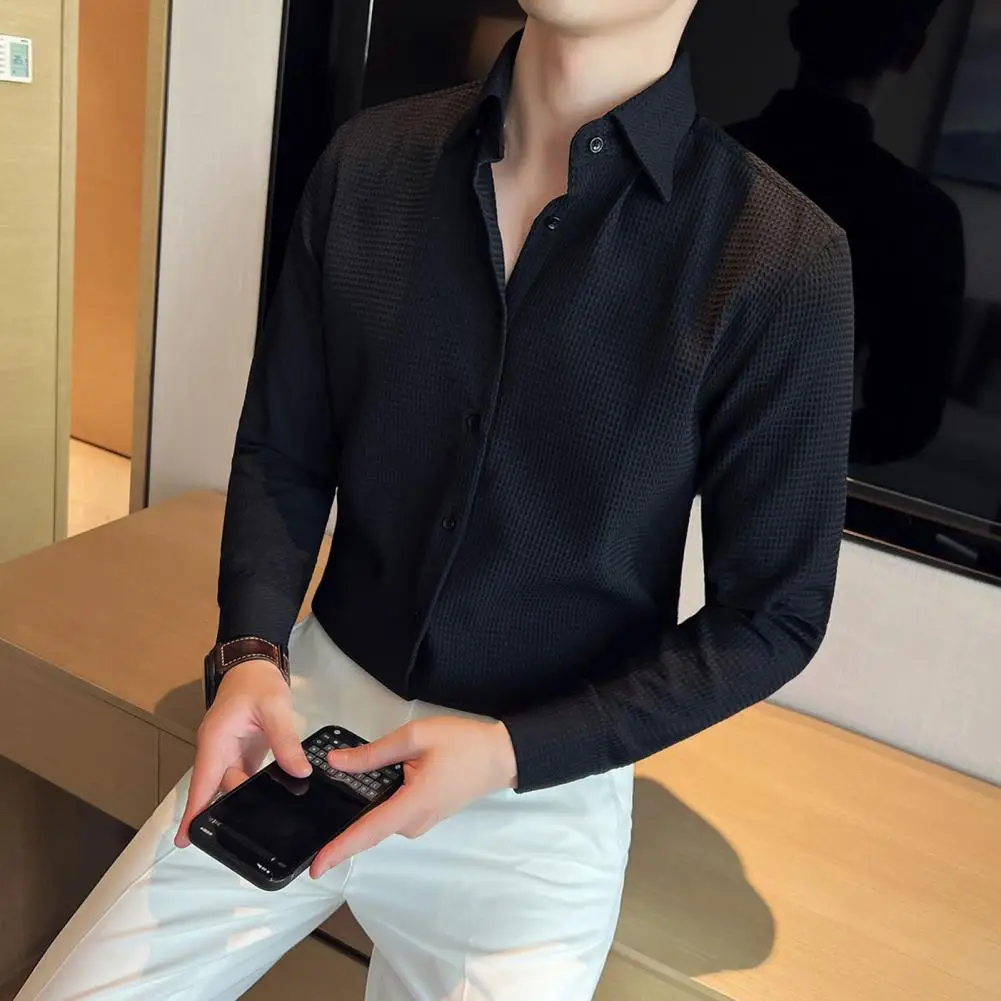 Men Spring Fall Shirt Frence Style Turn-down Collar Waffle Texture Pure Color Mid Length Young Formal Business Event Office Top