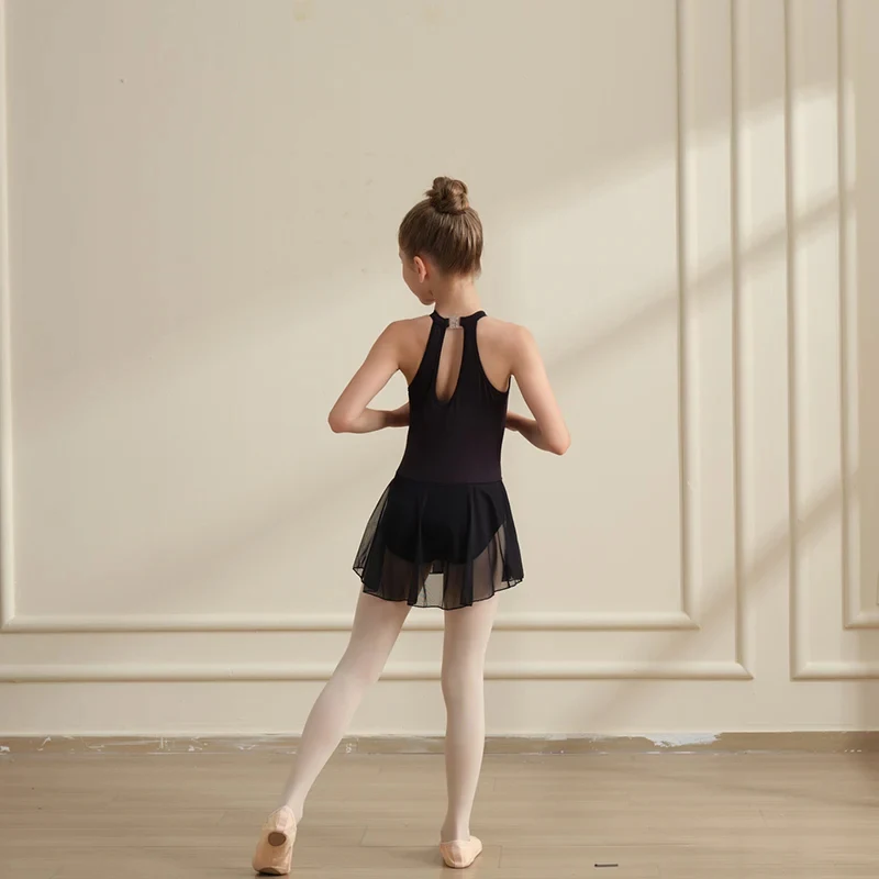 女の子ノースリーブバレエレオタード キッズ 水滴型バックメッシュダンススカート フルフロント裏地付き