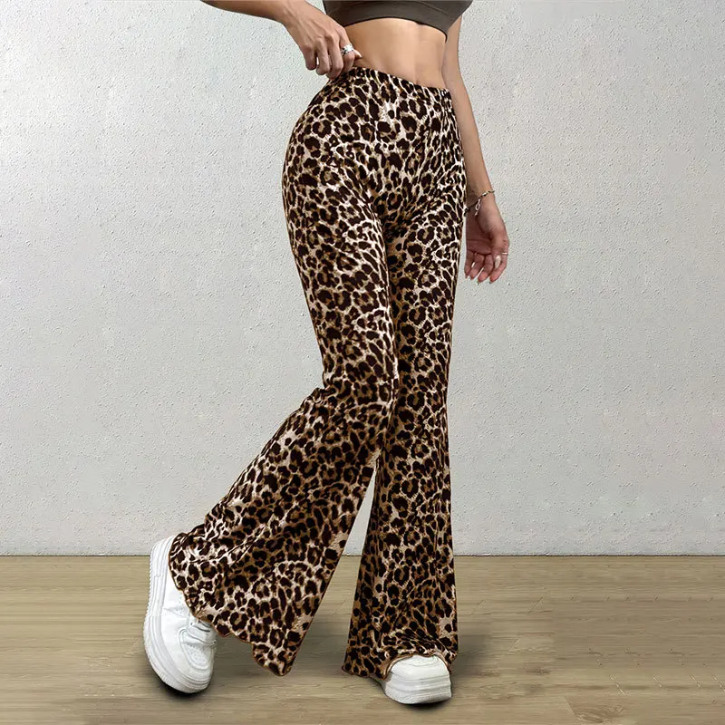 Butt-lifting Bell-bottom Pants 2026 Spring And Autumn New Casual Sexy Knitted Elastic Leopard Print Bell-bottom Trousers Femme