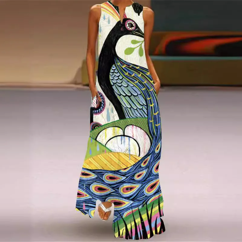 Fashionable Bohemian Pullover Large Swing Dress 2024 Summer Retro Peacock Printed V-neck Multi Color Sexy Sleeveless Long Dress