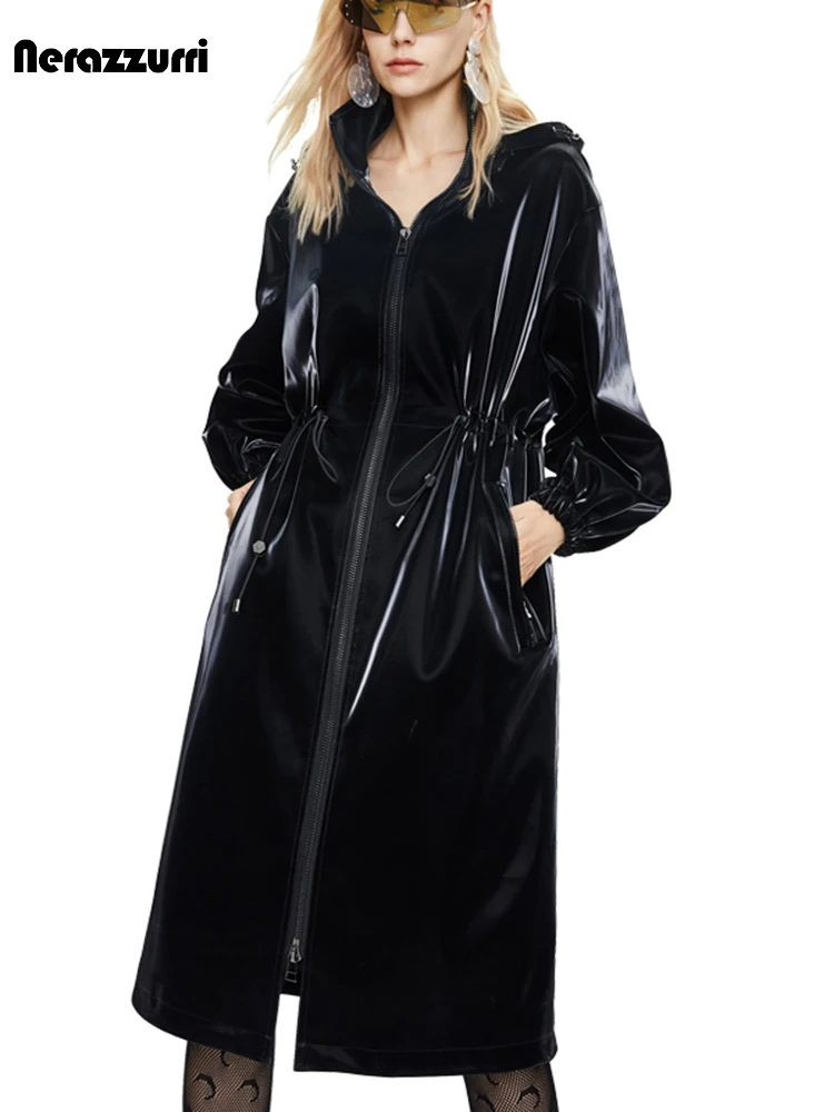 Nerazzurri Spring Long Black Shiny Patent Pu Leather Trench Coat for Women with Hood Zip up Fall European Fashion Windbreaker