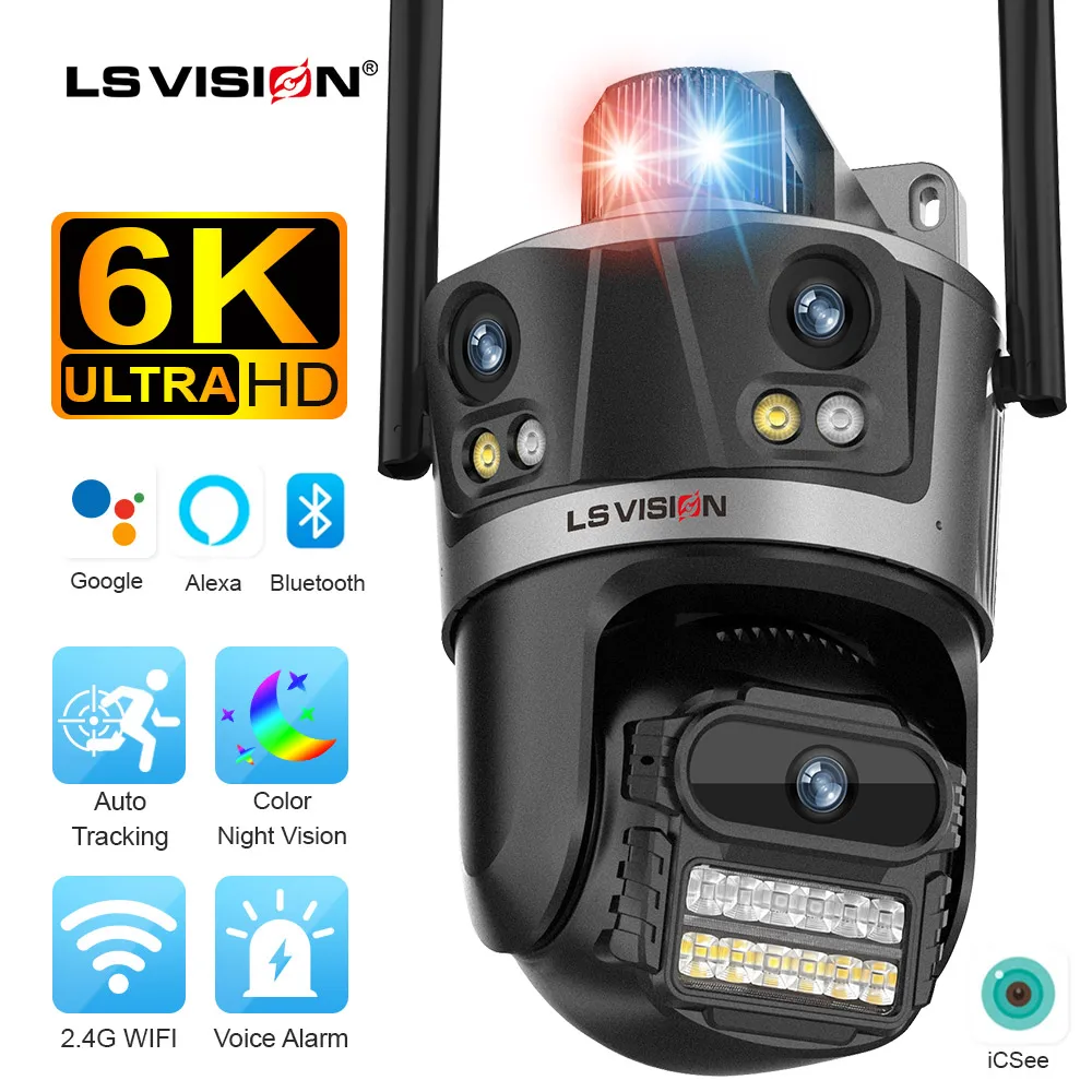 LS VISION 12MP Three Screens WiFi IP Camera Outdoor Three Lens 6K PTZ Red Blue Light Alarm Auto Tracking CCTV Cameras iCSee App