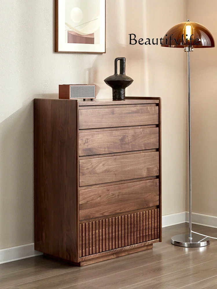 

Nordic and Japanese Style Black Walnut Five-Drawer Wooden Chest of Drawers Modern Solid Wood Storage Cabinet Living Room
