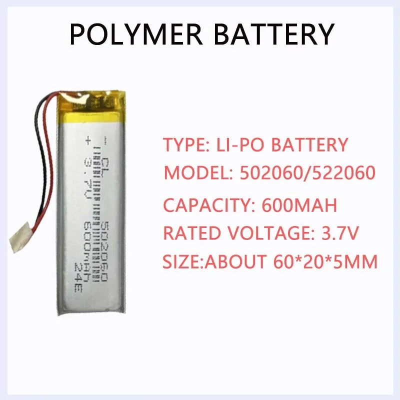 

502060 Lipo Polymer Lithium Rechargeable Battery 3.7V 600mAh for MP3 GPS DVD Bluetooth Recorder Headset E-book Camera Batteries