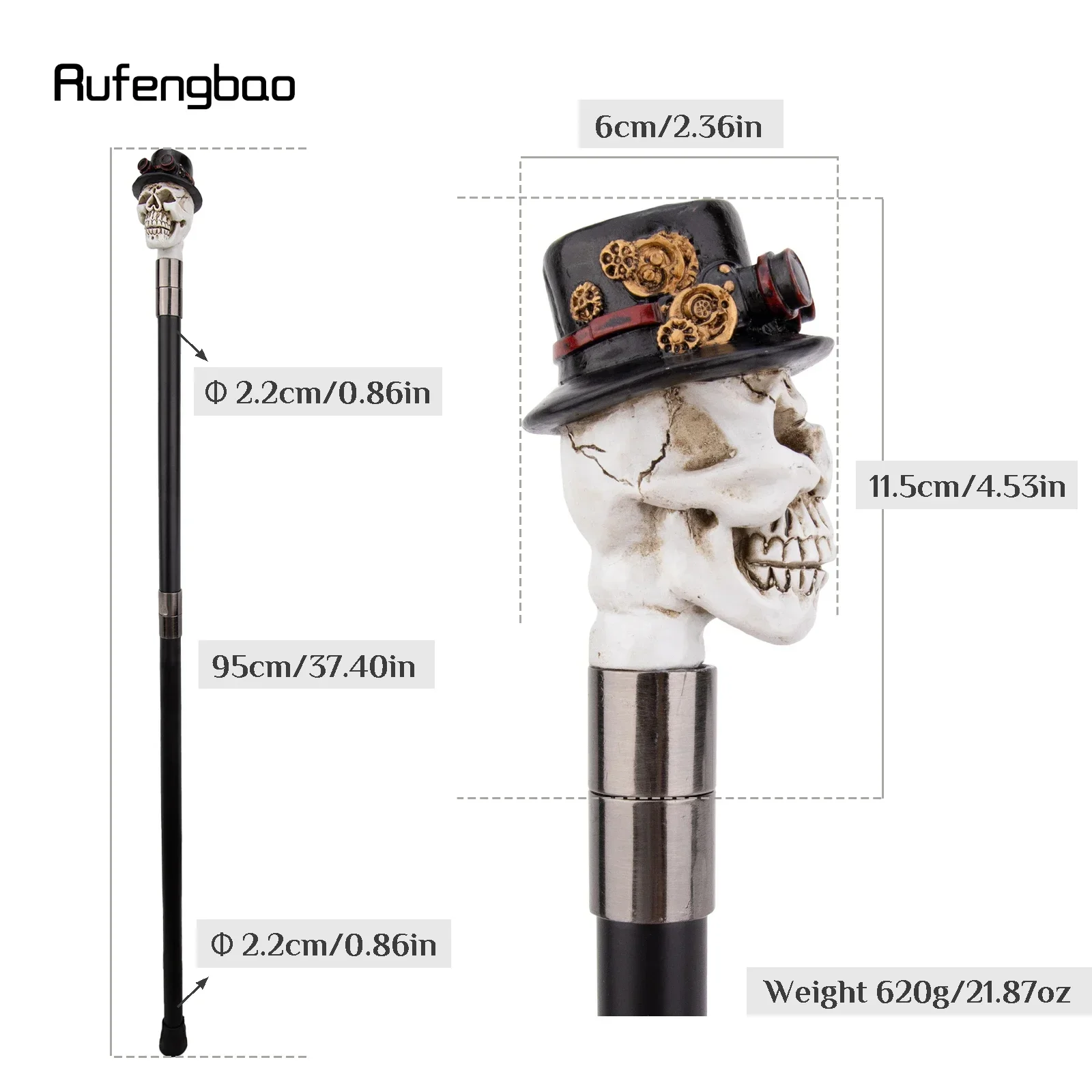 Sombrero negro de resina amarilla, bastón para caminar con cabeza de calavera, palo de acero decorativo a la moda, perilla de bastón de Cosplay elegante para caballero, báculo de 95cm