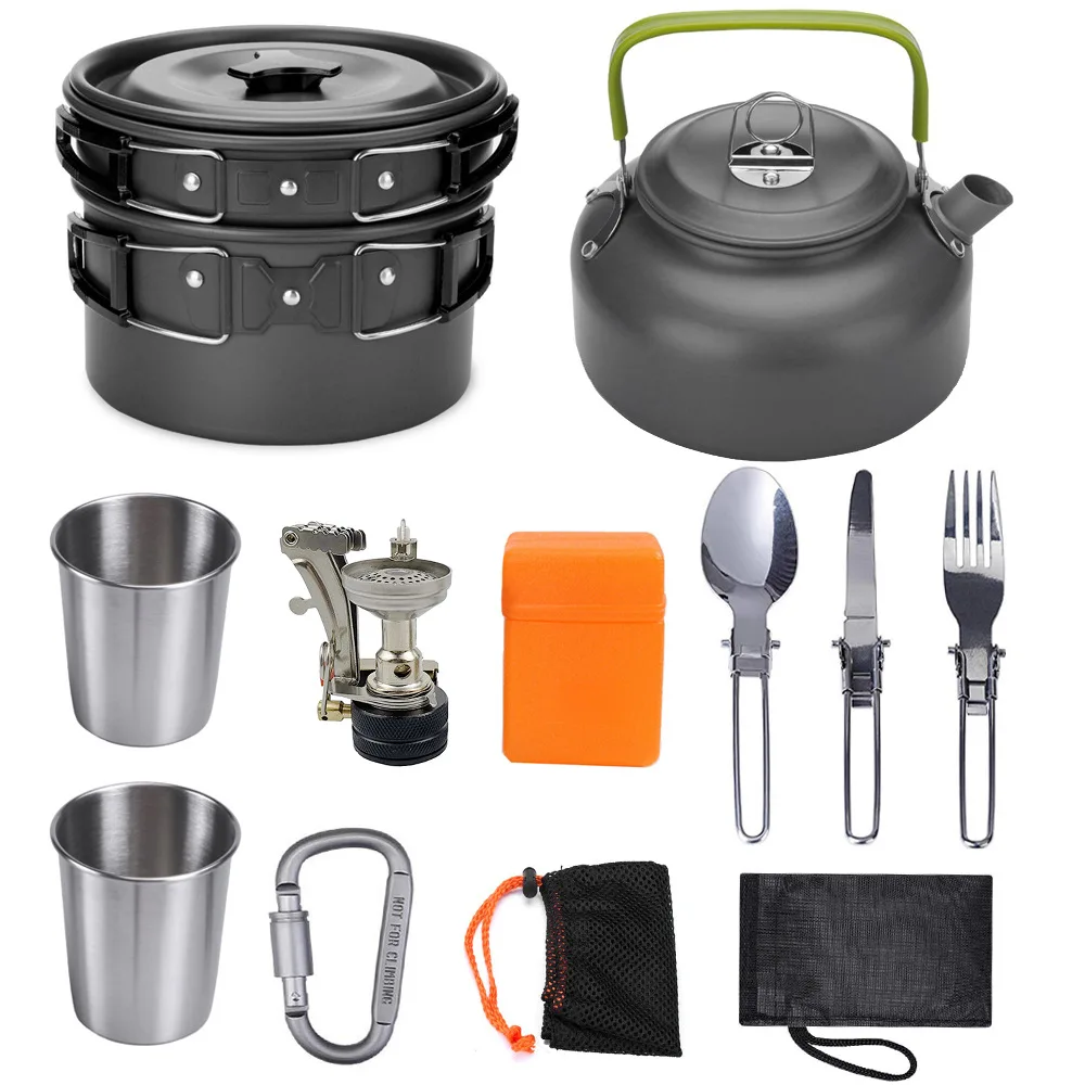 

Camping Cooker Set Cookware Kit Outdoor Pot Pan Stove Kettle Cups Tableware Tourist Dishes Nature Hike Equipment