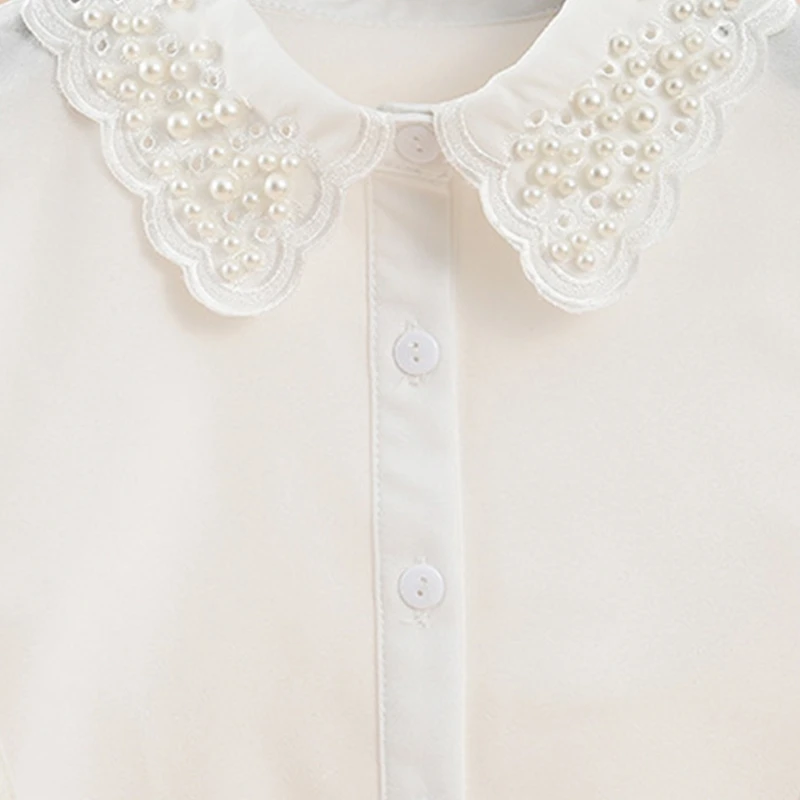 Korean Imitation Pearl Beaded Fake Collar for Women Detachable White Blouse Hollow Out Embroidery Scalloped Lapel Half Shirt