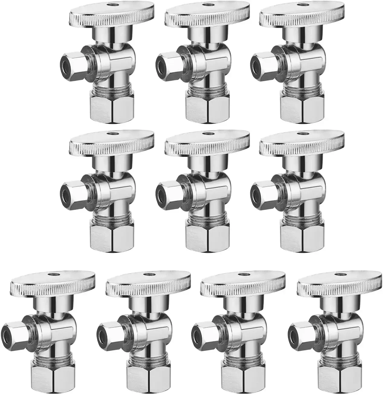 

Ten Pack Angle Stop Valve 1/2 Nominal Compression x 3/8 OD Quarter Turn Shut Off Chrome Brass for Bathroom Kitchen