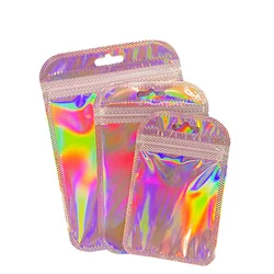 50X Resealable Holographic Mylar Bags Cute Pink Eyelash Packaging Bags For Lip Gloss Lash Foil Small Ziplock Bags With Hang Hook