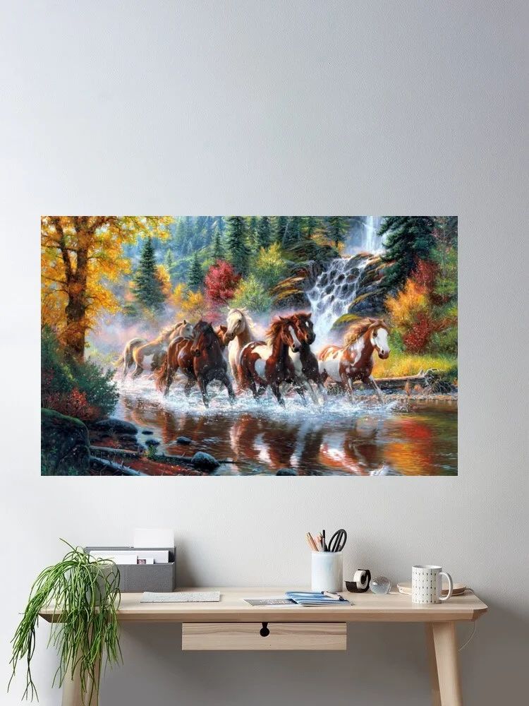 Horses Running Through Autumn Forest River, Art Print Canvas Poster, Living Room Decor, Home Wall Picture
