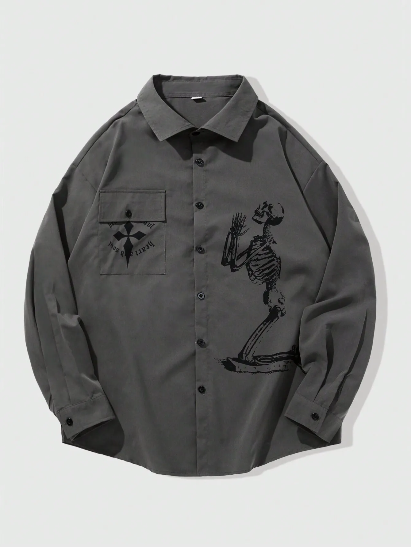 

Men's Dark Gray Long Sleeve Casual Shirt with Skeleton Graphic and Cross Print
