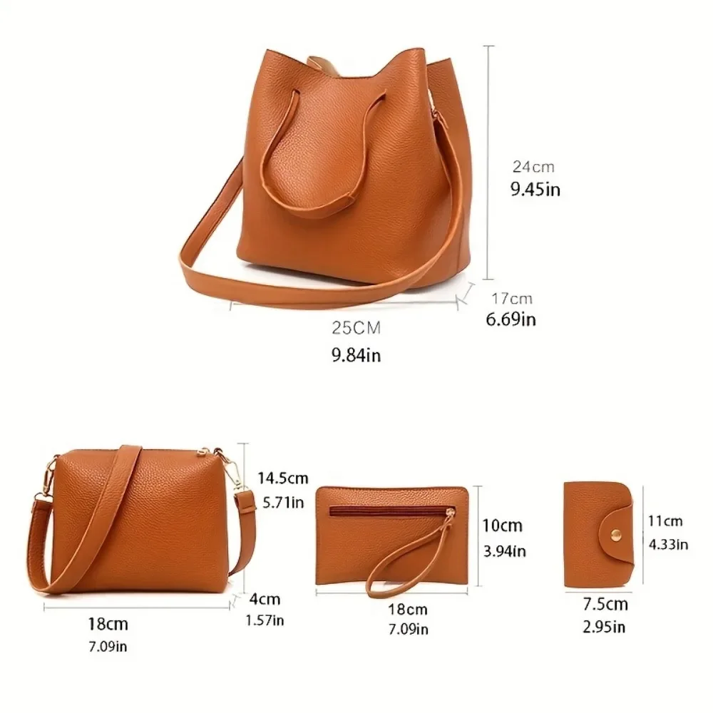 4 Piece Set Large Capacity Leather Handbag Pure Colour Lychee Texture Shoulder Bag Bucket Bag Wallet Handbag