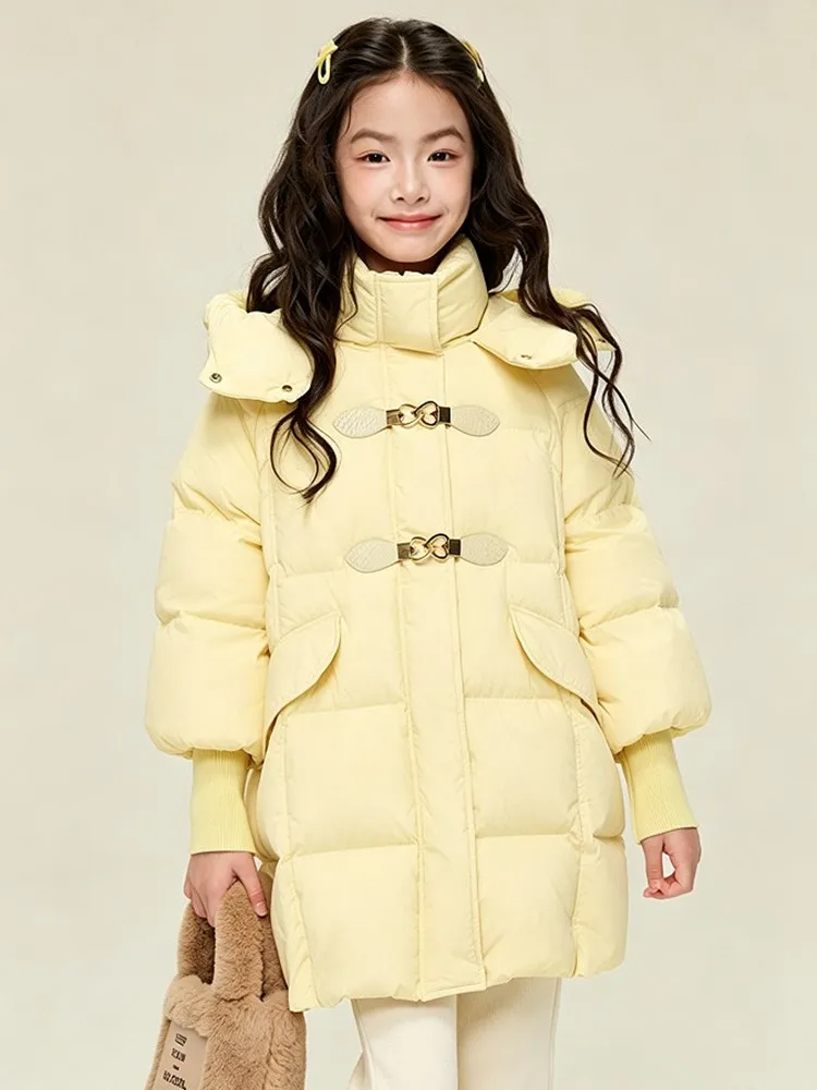 Mädchen Winter Daunenjacke 90% Weiße Entendaunen Mittellange Kapuzenparka Kinder Mädchen Warme Oberbekleidung Winddichter Kindermantel 5-14 Jahre – Detail 15