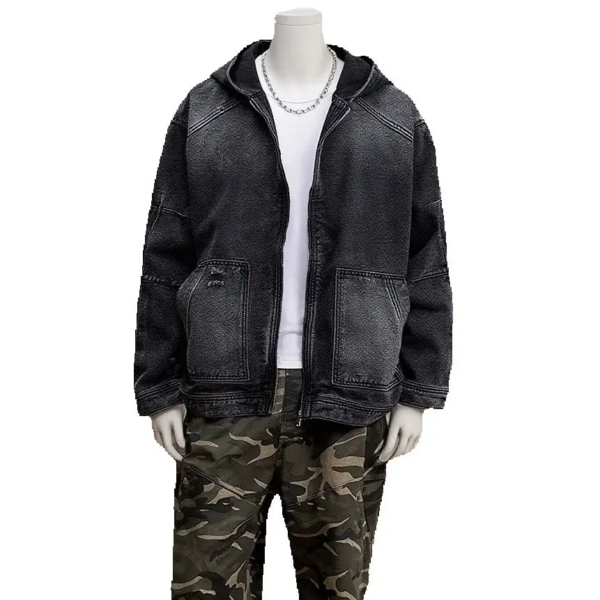 

2025 Veidoorn Fall Winter Men's Black Washed Denim Jacket Vintage Hooded Workwear Coat Streetwear Casual Style