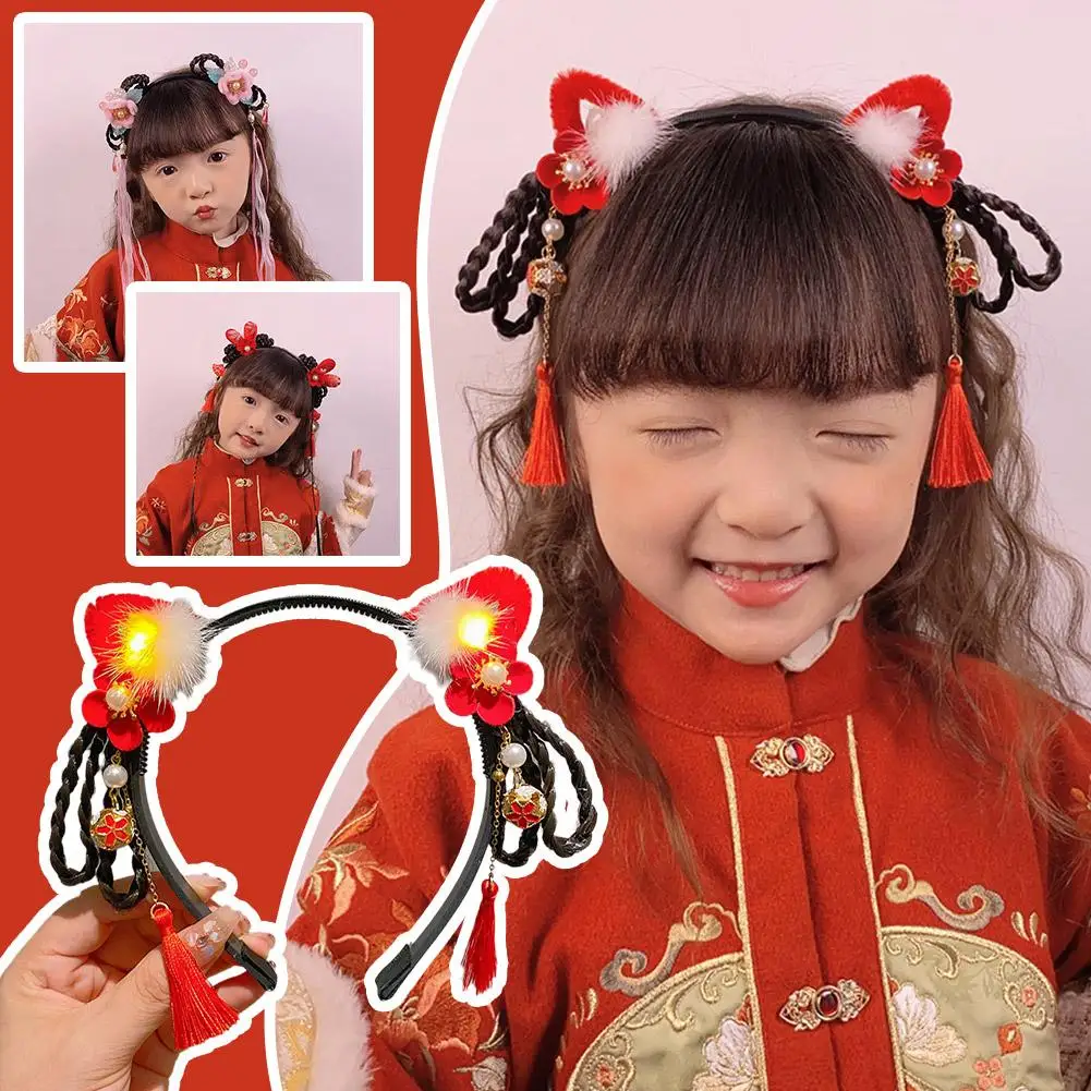 Chinese Style Children's New Year Light Headband Hair Hair Tassel Headband Decoration Cheongsam Ball Accessories Baby Girl R1J5