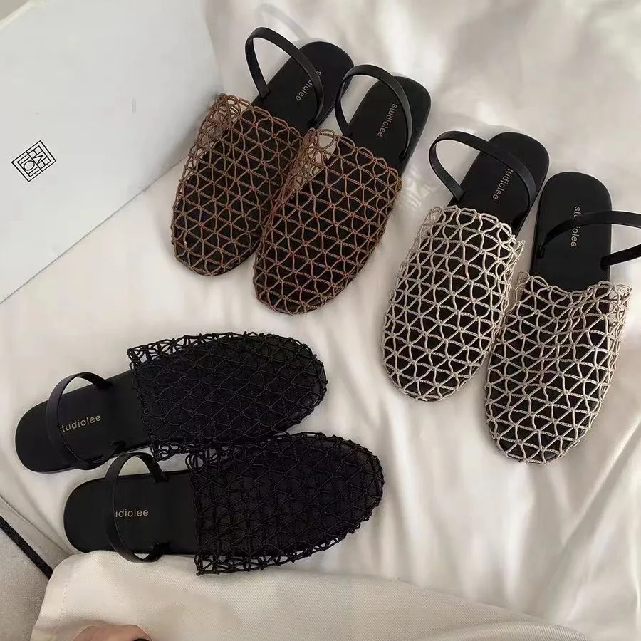 

Women's Fishnet Knit Hollow-Out Roman Sandals - 2025 Summer New Flat Round-Toe Slip-On Mules, Fashion Comfortable Open-Toe Shoes