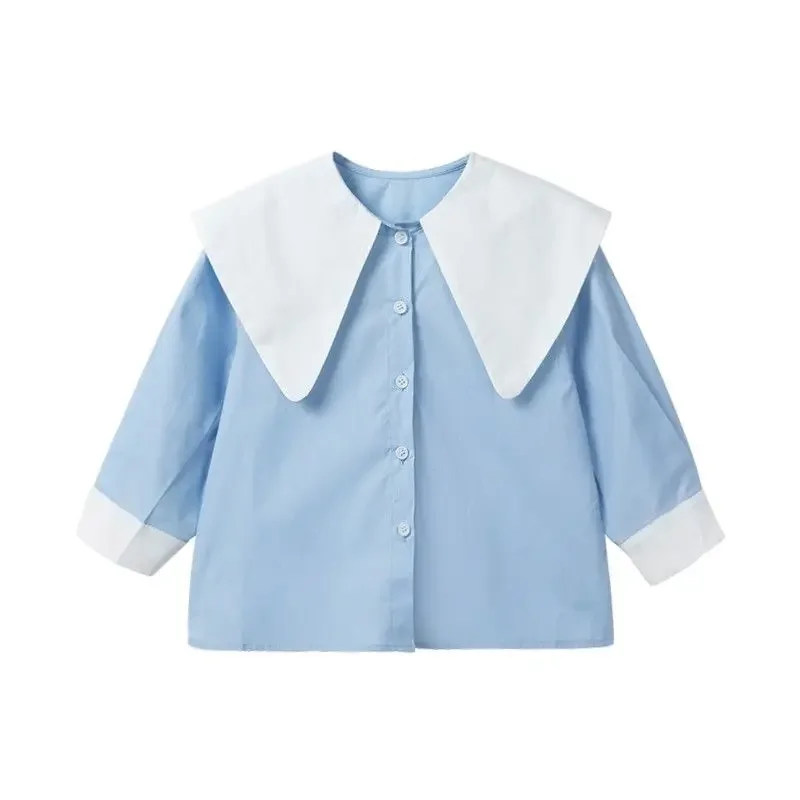 Girls\' Korean-Style Stitching Contrast Color Shirt 2023 Spring New Children Fashionable Stylish Polo Collar Top