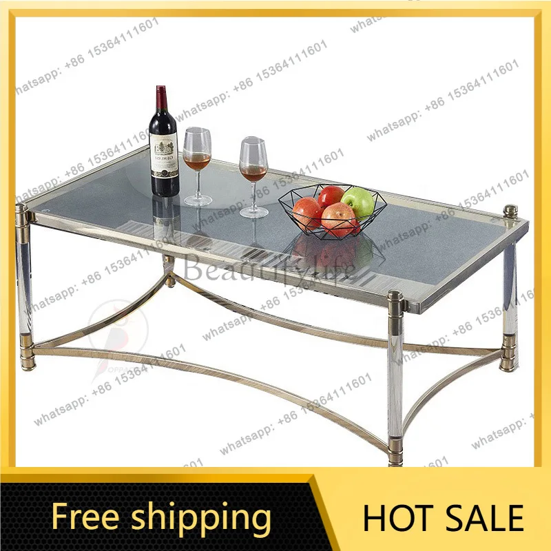 LS American glass square coffee table Modern simple stainless steel light luxury square side coffee table