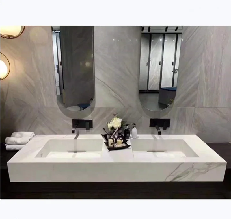 Modern design unique artificial marble sink, double hole faucet sink, sink vanity