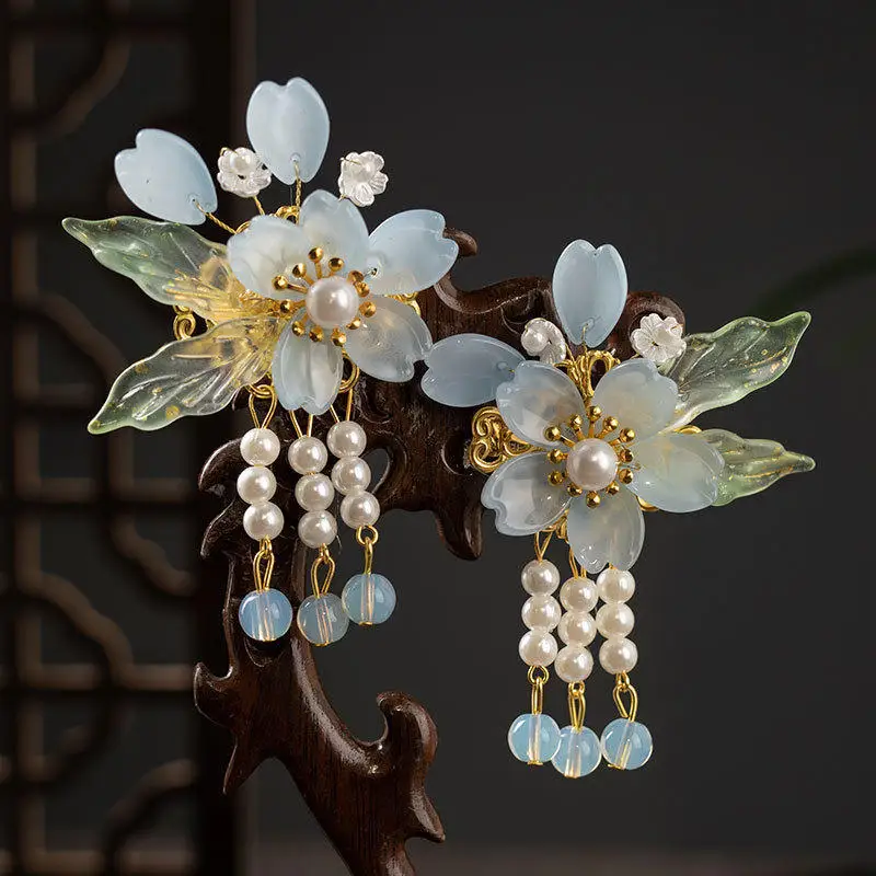 

Hanfu headwear, antique style flower hair clip, girl's step shaking tassel hair clip, princess ancient costume hair accessory