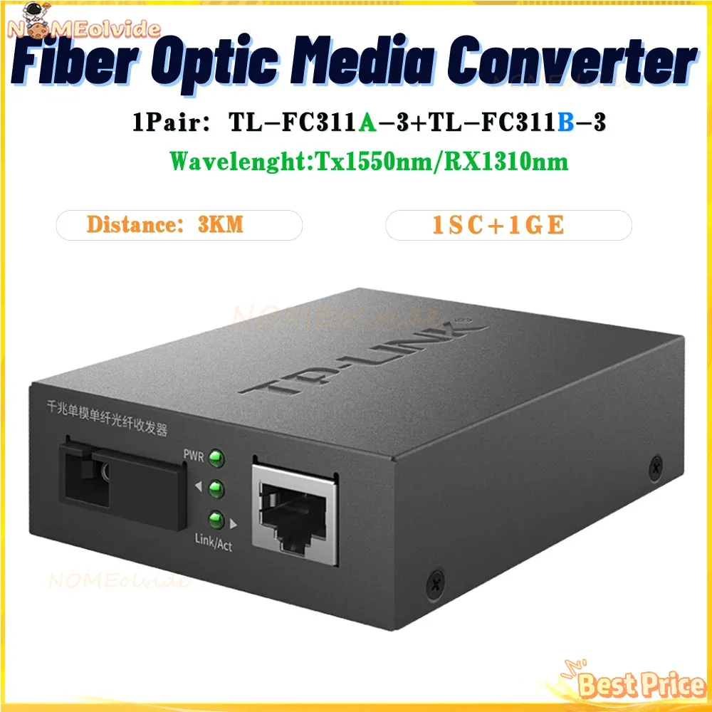 TP-LINK Fiber Optic Media Converter 1000M 1SC+1GE  TL-FC311A-3 + TL-FC311B-3 Fiber Transceiver SM Single-fiber SC Interface