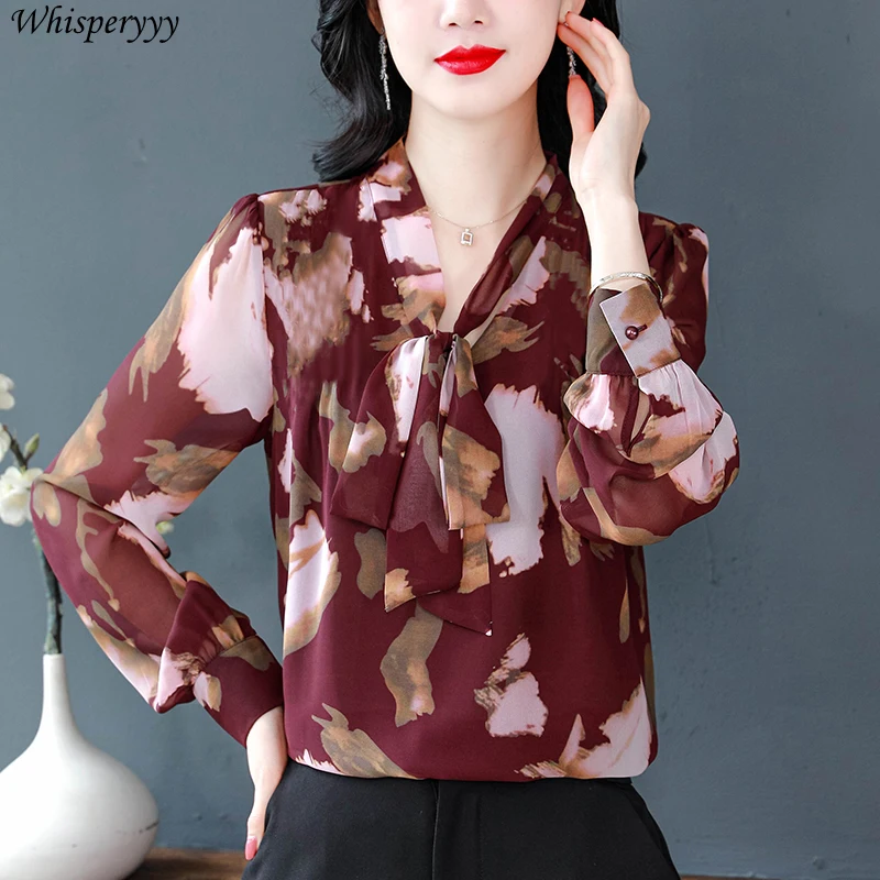 V-neck Bow Shirt Long-sleeved Women's Spring Clothing New Printed Chiffon Tops Female Casual Loose Blusas Femininas Elegantes