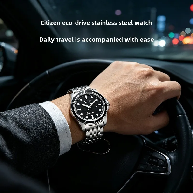 Reloj deportivo para hombre Citizen AW1819-56E Eco-Drive, con movimiento a pilas, diseño de buzo, caja redonda de acero inoxidable, esfera negra y brazalete de acero inoxidable.