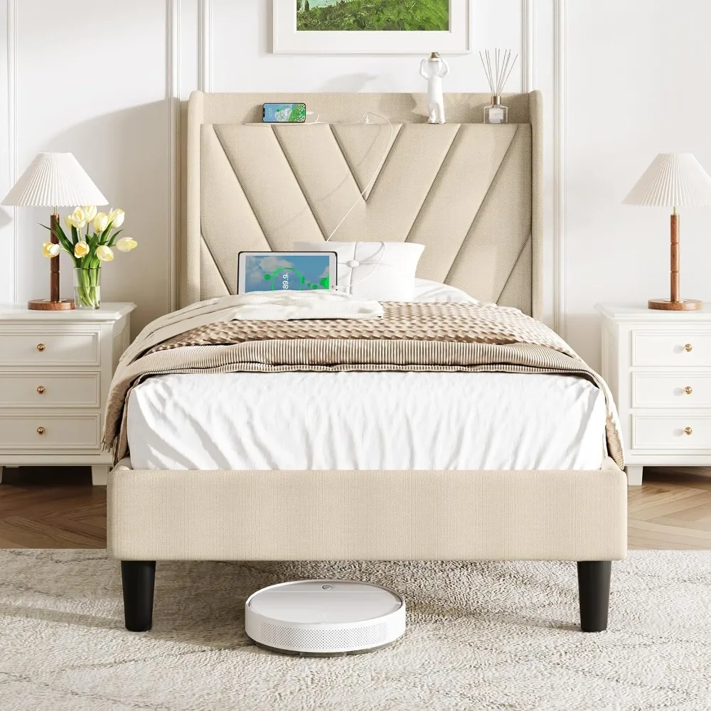 

twin size bed frame with headboard, adjustable upholstered platform bed frame with type-c&usb ports for kids, wingback storage h