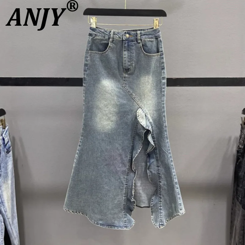 

ANJY Women Elegant Trendy Vintage Distressed High Street Front Split Ruffles Asymmetric Denim Mermaid Skirt Y2K Ins Trendy A8525