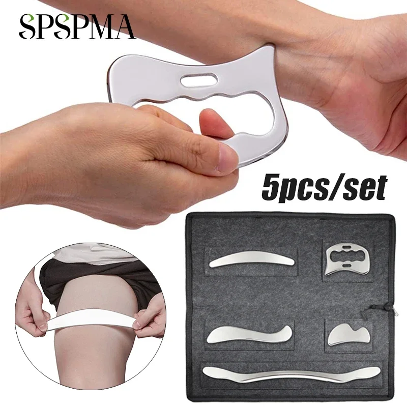 5Pcs Gua Sha Stainless Steel Tool Set, Muscle Scraper Massage Tool Acupressure Pen for face, Great Soft Tissue Mobilization Tool