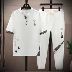 Shirts+Pants summer Korean style elastic waist Sportswear Men's Casual Sets Male Fashion trousers and shirt men size M-4XL TZ03