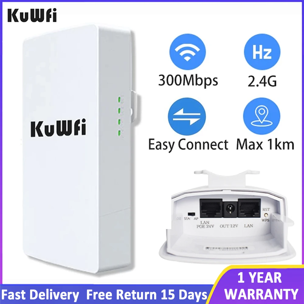 KuWFi-Roteador WiFi ao ar livre, poderoso repetidor sem fio, extensor de longo alcance, ponte, 1km, ponto a ponto, 2.4Ghz, 300Mbps