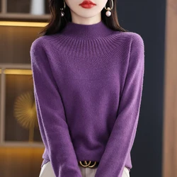 Ladies Exquisite Merino Pure Wool Half Turtleneck Soft Warm Autumn Comfort Seamless One-Line Formed High Design Pullover Sweater